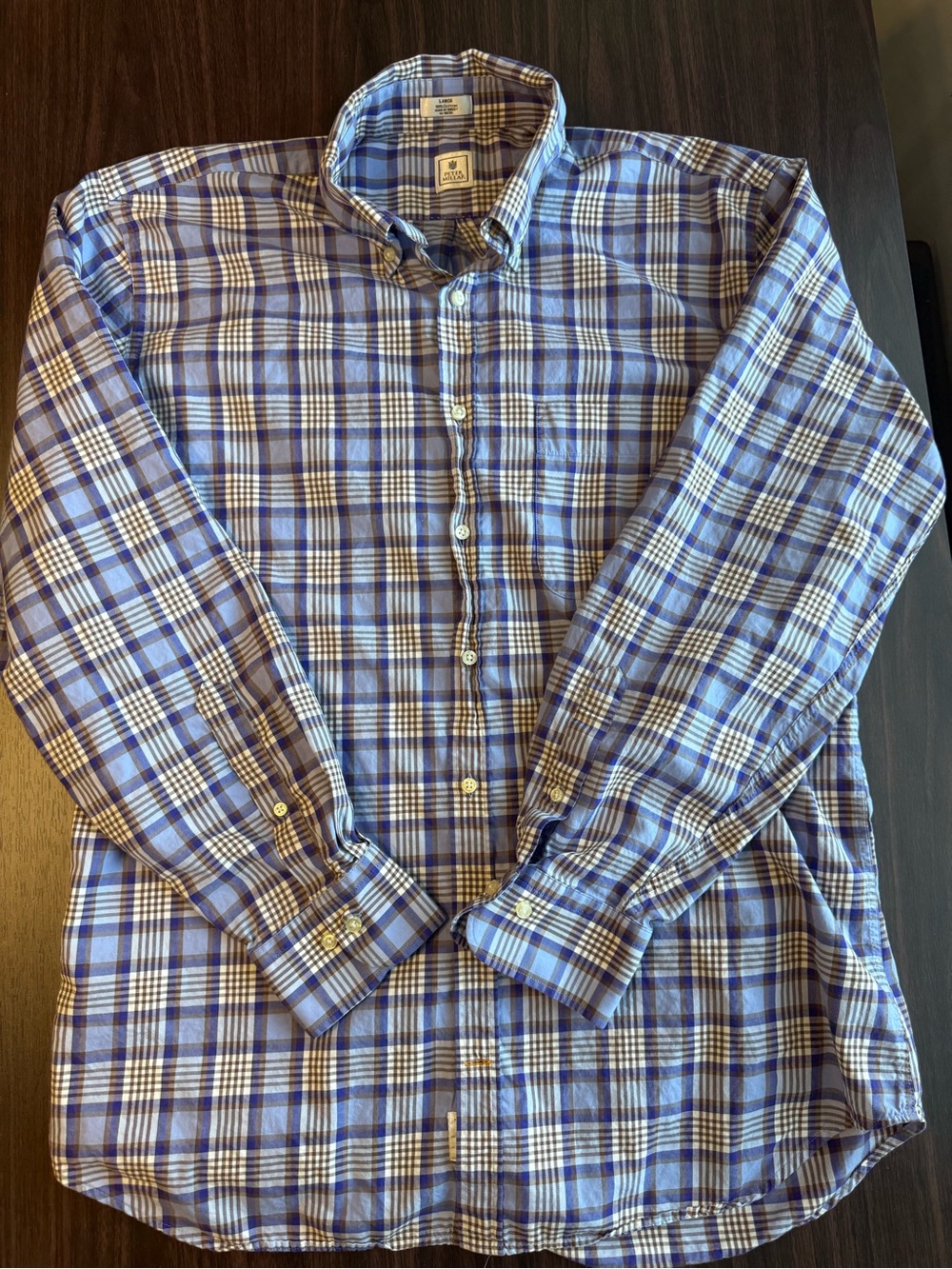 Peter Millar Men's Plaid Cotton Button-Up Shirt Long Sleeve Blue Brown White L